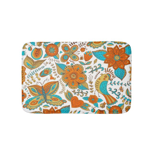 Colourful Retro Birds Flowers & Butterfly's Patter Bath Mat (Front)