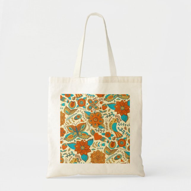 Colourful Retro Birds Flowers & Butterfly's Tote Bag (Front)