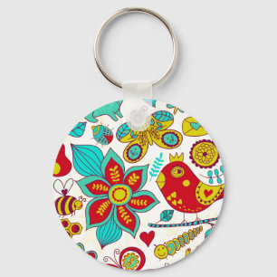 Colourful Retro Birds Flowers Pattern Keychain