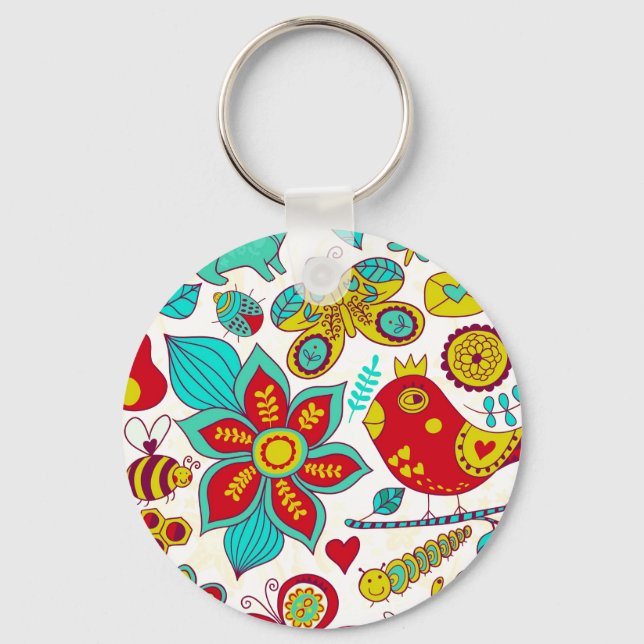 Colourful Retro Birds Flowers Pattern Keychain (Front)