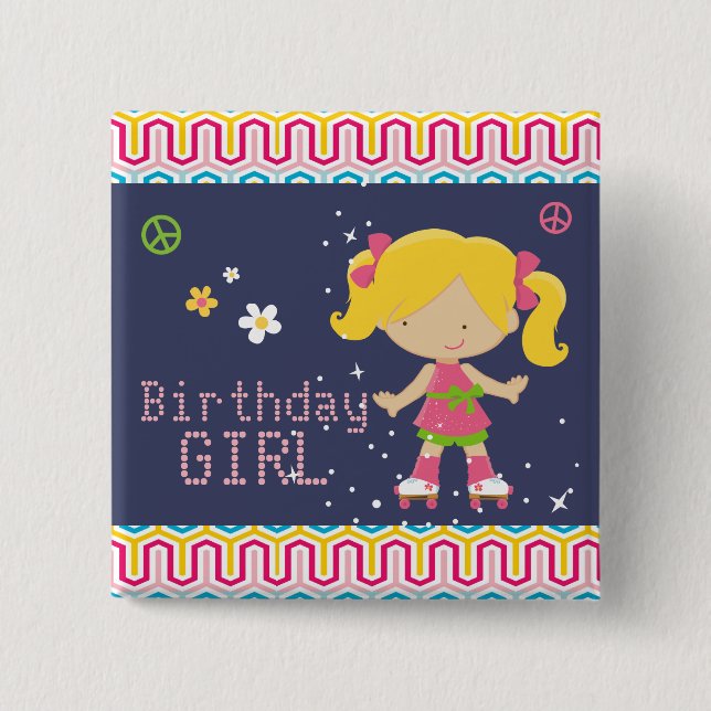 Colourful Retro Blonde Roller Skating Birthday 2 Inch Square Button (Front)