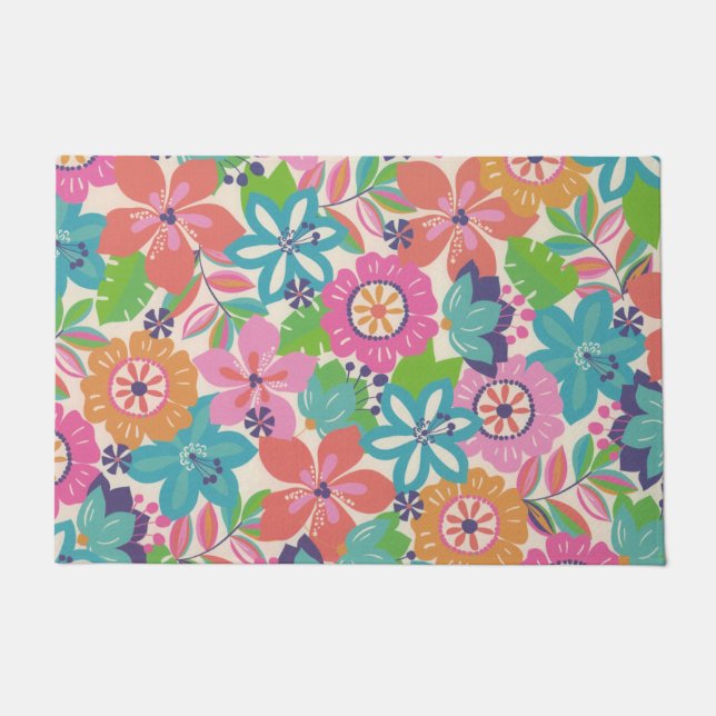 Colourful Retro Boho Girly Flower Hippie  Doormat (Front)