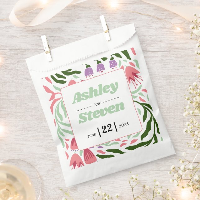 Colourful retro branches, folklore flowers wedding favour bag (Clipped)