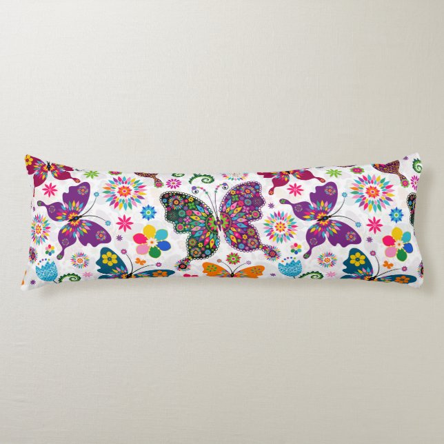 Colourful Retro Butterflies And Flowers Pattern Body Pillow (Front)