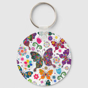 Colourful Retro Butterflies And Flowers Pattern Keychain