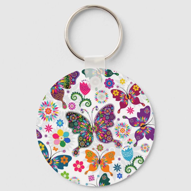 Colourful Retro Butterflies And Flowers Pattern Keychain (Front)