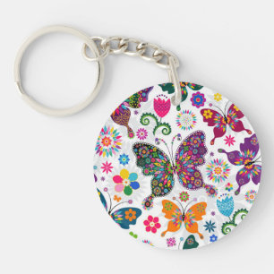 Colourful Retro Butterflies And Flowers Pattern Keychain