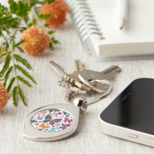 Colourful Retro Butterflies And Flowers Pattern Keychain