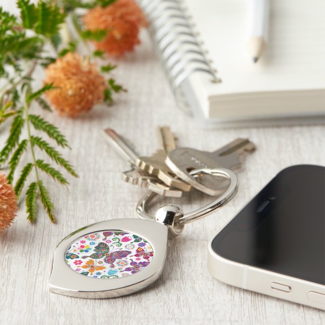 Colourful Retro Butterflies And Flowers Pattern Keychain (Side)