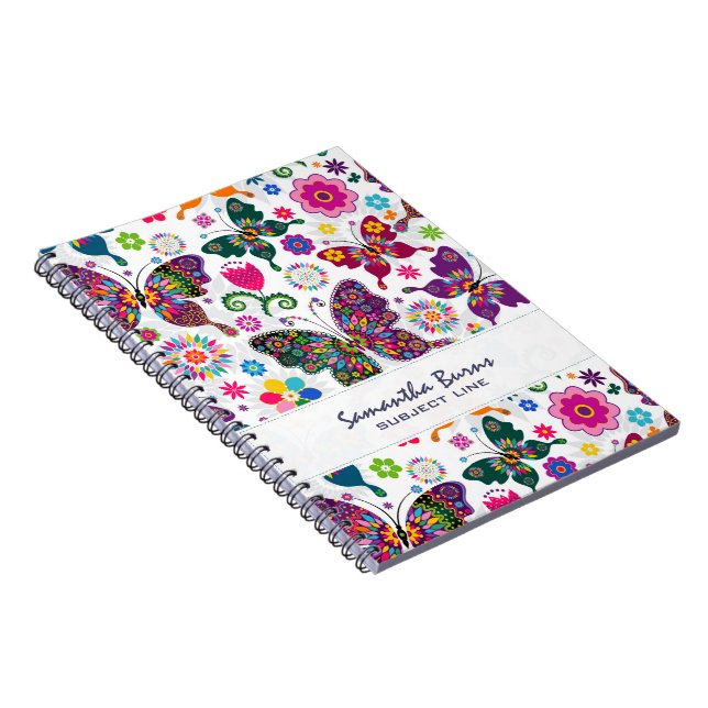 Colourful Retro Butterflies And Flowers Pattern Notebook (Right Side)