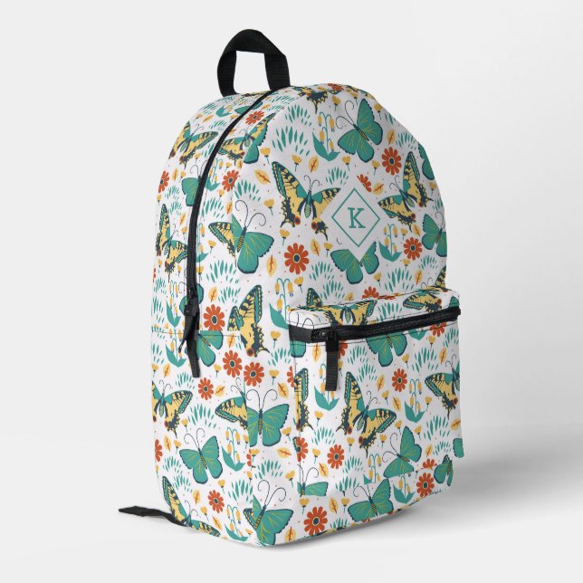 Colourful retro butterflies and flowers pattern printed backpack (Back Corner Left)