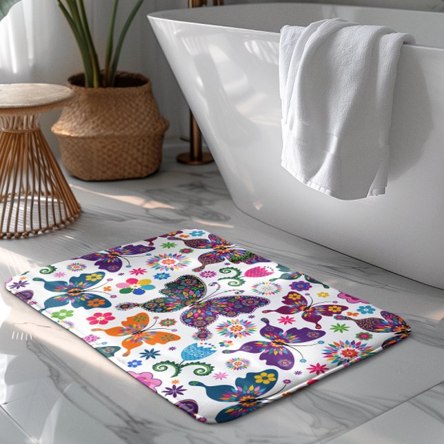 Colourful Retro Butterflies & Flowers Pattern Bath Mat (Creator Uploaded)