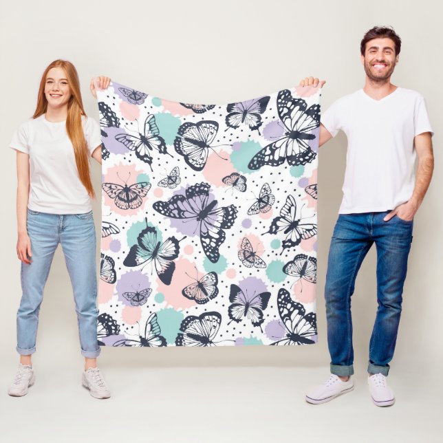 Colourful retro butterflies pattern. fleece blanket (In Situ)