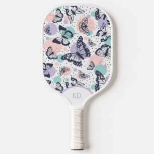 Colourful retro butterflies pattern monogram pickleball paddle
