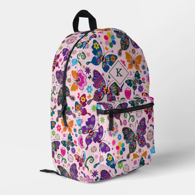 Colourful retro butterflies pattern on pink printed backpack (Back Corner Left)