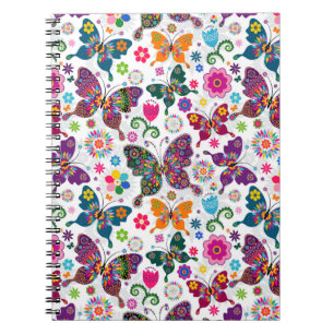 Colourful Retro Butterfly's And Flowers Pattern Notebook