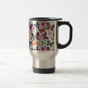 Colourful Retro Butterfly's And Flowers Pattern Travel Mug