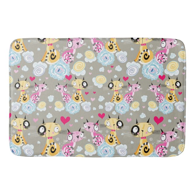 Colourful Retro Cat Feline Pattern Bath Mat (Front)
