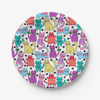 Colourful Retro Cat Feline Pattern Paper Plate