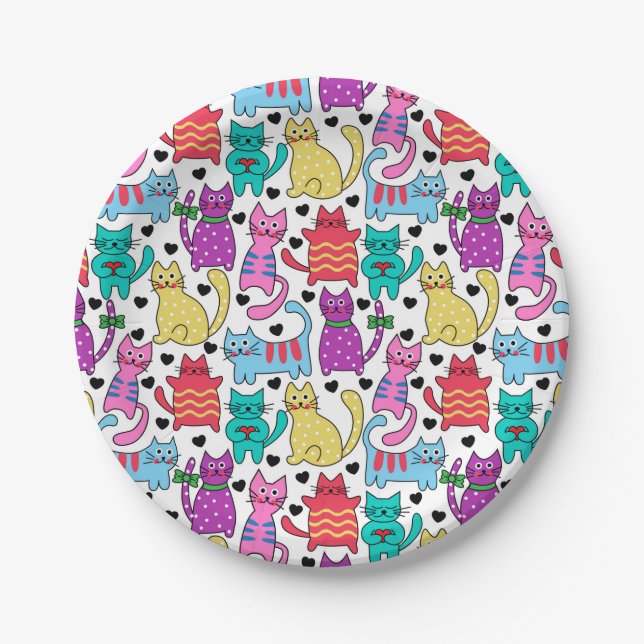 Colourful Retro Cat Feline Pattern Paper Plate (Front)