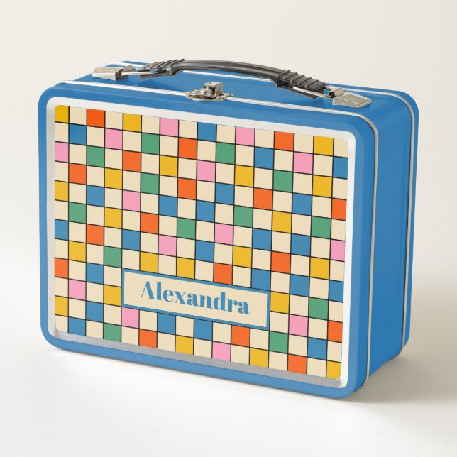 Colourful Retro Chequered Personalized Metal Lunch Box (Front)
