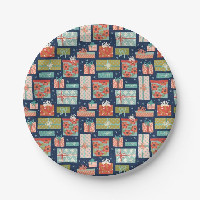 Colourful Retro Christmas Gift Box Holiday Paper Plate (Front)