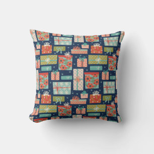 Colourful Retro Christmas Gift Box Holiday Throw Pillow