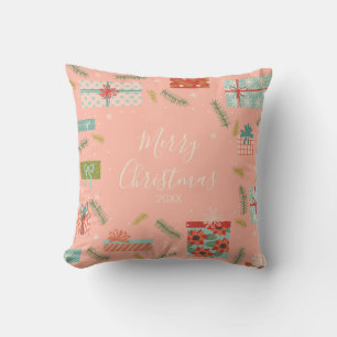 Colourful Retro Christmas Gift Box Holiday Throw Pillow