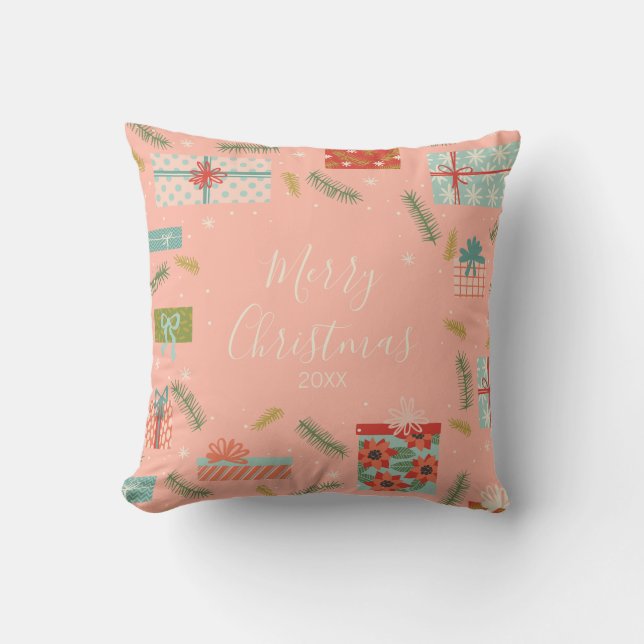Colourful Retro Christmas Gift Box Holiday Throw Pillow (Front)