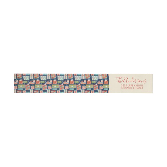 Colourful Retro Christmas Gift Box Wrap Around Label (Individual)