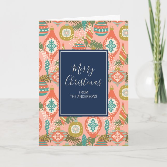 Colourful Retro Christmas Ornaments Holiday Card (Front)