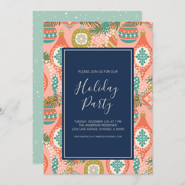 Colourful Retro Christmas Ornaments  Holiday Party Invitation (Front/Back)