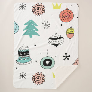 Colourful Retro Christmas Ornaments Pattern Sherpa Blanket