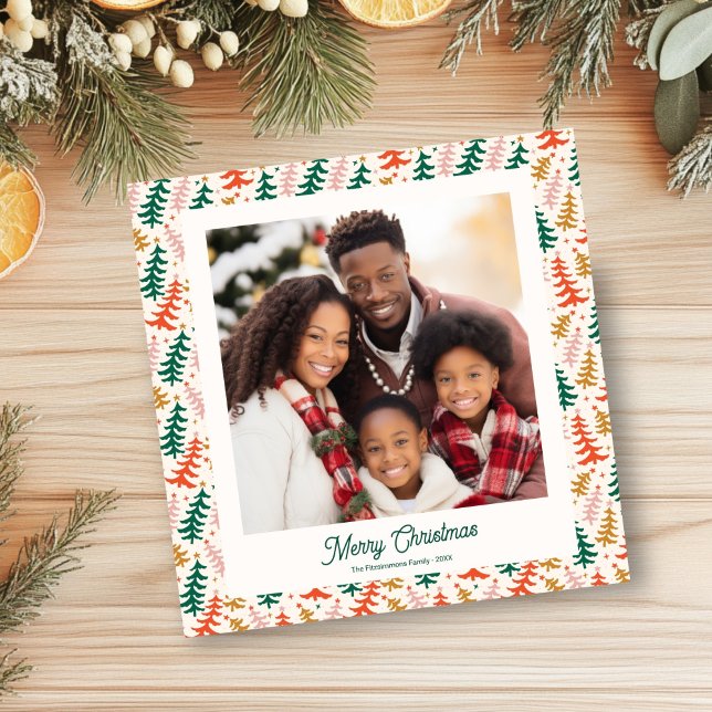 Colourful Retro Christmas Tree Photo Card (Groovy Retro Christmas Tree Holiday Square Card)