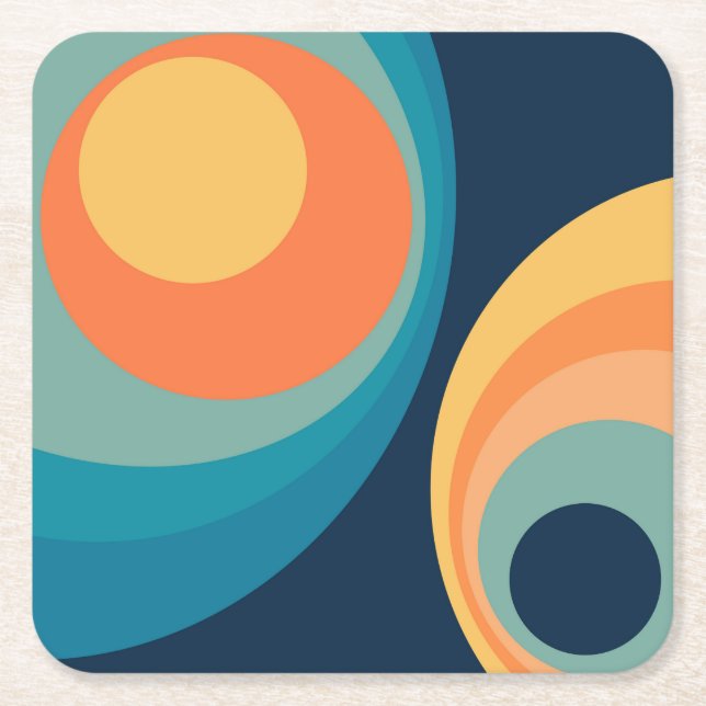 Colourful retro circles design square paper coaster (Front)