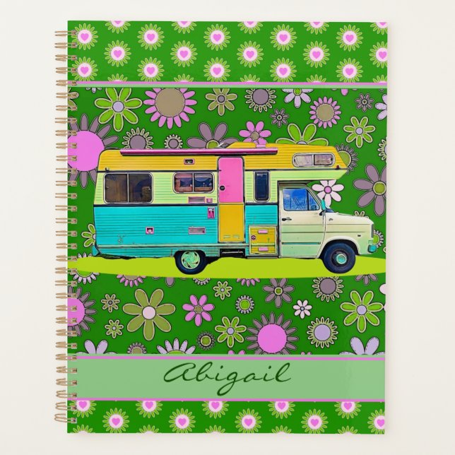 Colourful Retro Coach Camper and Fun Mod Flowers Planner (Front)