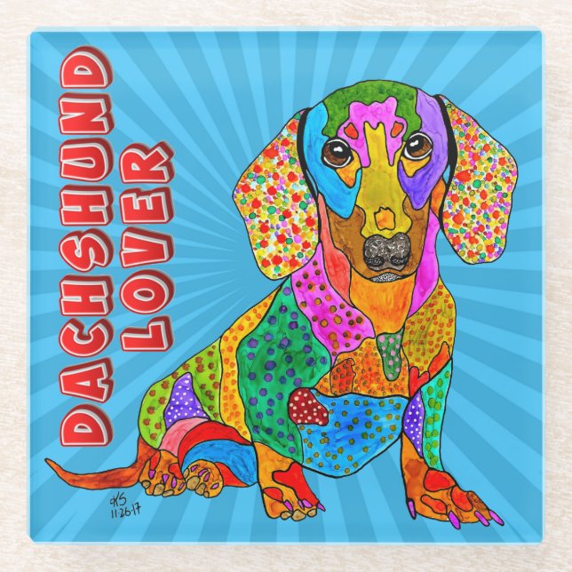 Colourful Retro Dachshund Lover Glass Coaster (Front)