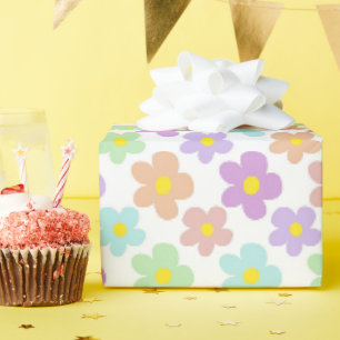 Colourful Retro Daisy Floral White Wrapping Paper