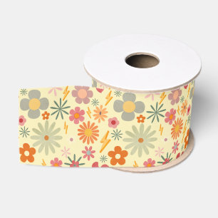 Colourful Retro Daisy Flowers design pattern Ribbo Grosgrain Ribbon