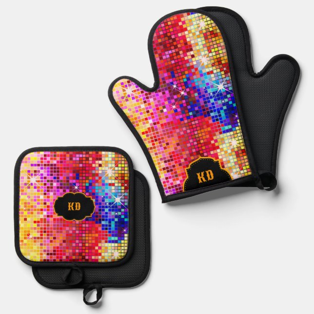 Colourful Retro Disco Mirror Squares Pattern Oven Mitt & Pot Holder Set (Front/Back)