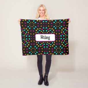 Colourful retro dots 80s inspired black fleece blanket