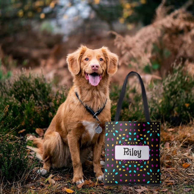 Colourful retro dots 80s inspired black tote bag (Creator Uploaded)