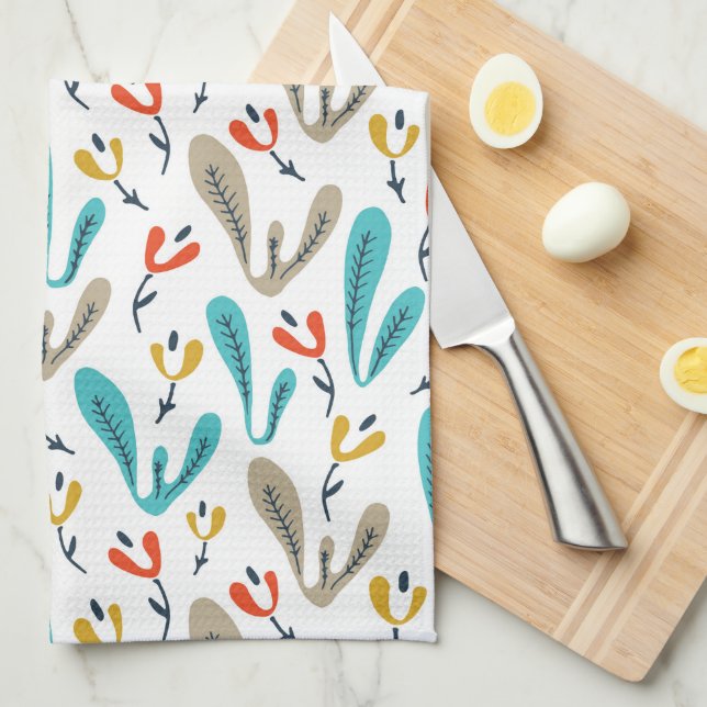 Colourful Retro Fall Flowers & Botanical Kitchen Towel (Quarter Fold)