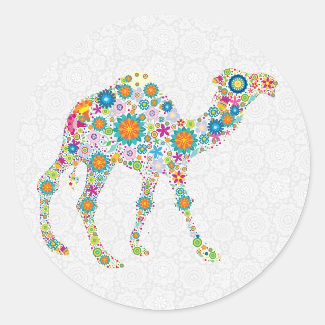 Colourful Retro Floral Camel & White Damasks Classic Round Sticker (Front)