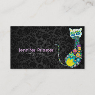 Colourful Retro Floral Cat & Black Damasks Business Card