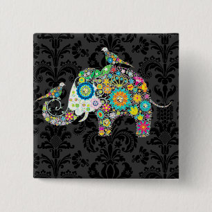 Colourful Retro Floral Elephant & Birds 2 Inch Square Button