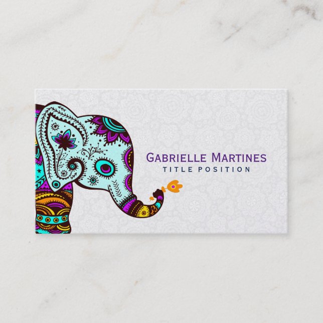 Colourful Retro Floral Elephant & Black Background Business Card (Front)