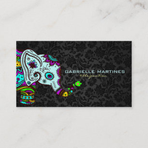 Colourful Retro Floral Elephant & Black Damasks 2 Business Card