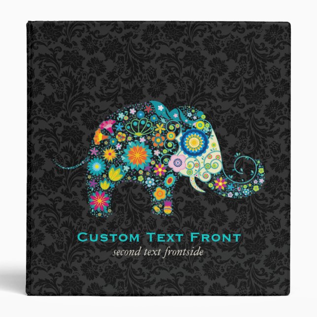 Colourful Retro Floral Elephant & Black Damasks Binder (Front)