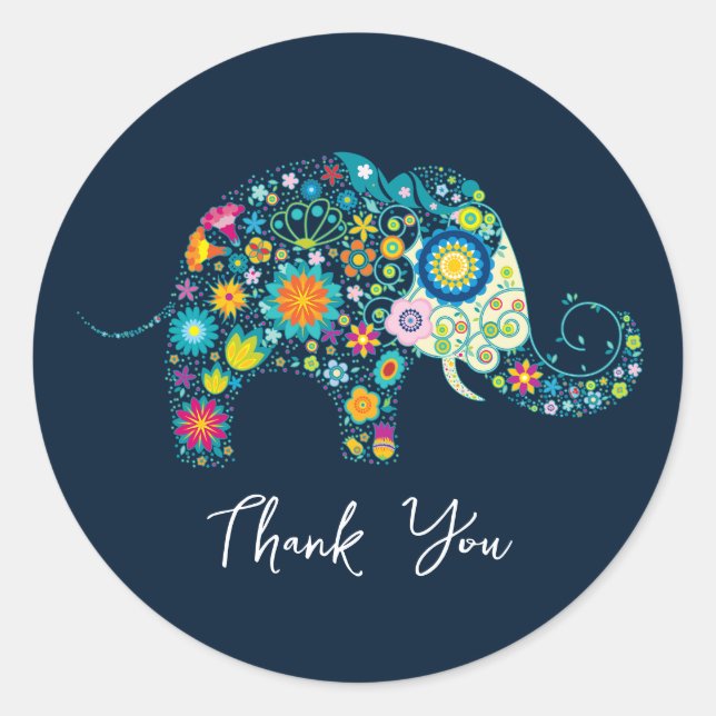 Colourful Retro Floral Elephant & Black Damasks Classic Round Sticker (Front)
